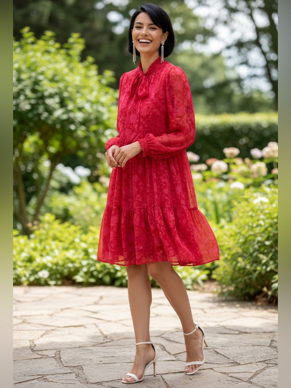 On 34th Tie-Neck Red Floral Tiered Long Sleeve Dress Size L
